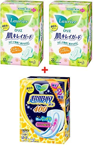 Kao Laurier Sanitary Pads Set - Sanitary Napkins Clean Skin Guard Day With Wings 205mm-22 Count X 2 Pack ( 44 Count ) &amp; Speed+ Ultra-Absorbent Guard 400mm X 12 + 2 Extra Count, Made In Japan
