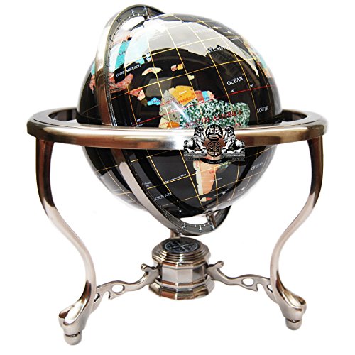 14" BLACK ONYX GEMSTONE GLOBE with Silver Stand