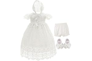 Bow Dream Baby Girls 4 Pcs Gown and Bonnet Christening Baptism Dress Lace Baby Dress