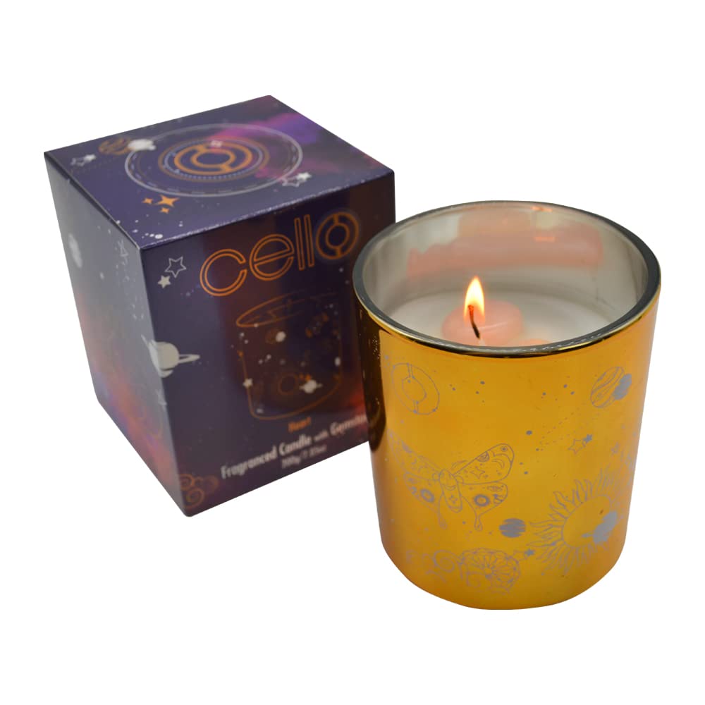 Cello Celestial Scented Candle with Rose Quartz Gemstones. A Stunning Metallic Gold Candle with Pink Crystals. The Ideal Scented Candles, Suitable Candles for Men and Candle Gifts for Women
