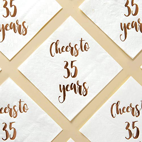 Cheers to 35 Years Cocktail Napkins, 50-Pack 3ply White Rose Gold 35th Birthday Dinner Celebration Party Decoration Napkin