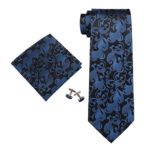 Landisun Paisleys Mens Silk Tie Set: Necktie+Hanky+Cufflinks 89F Navy Blue Black, 3.25”Wx59“L
