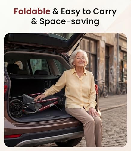 Rollator Walker with Seat and Wheels for Elderly, 4 Wheels Rollators for Seniors and Disabled, Walking Aid Foldable with Brake, Adjustable Handles and Seat Height, 8" All-Terrain Wheels, Red