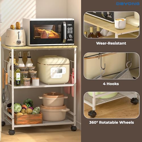 DAYONG Rolling Microwave Cart, 3-Tier Kitchen Storage Rack with Wheels, Mobile Shelving Unit Organizer Utility Cart for Small Spaces, Kitchen, Living Room, Balcony, Coffee Bar, Office (White)