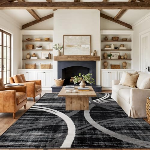 Rugshop Modern Wavy Circles Design Area Rug, Carpet with Jute Backing for Living Room, Dining Room, or Office, Black, 7'10" x 10'2" Image