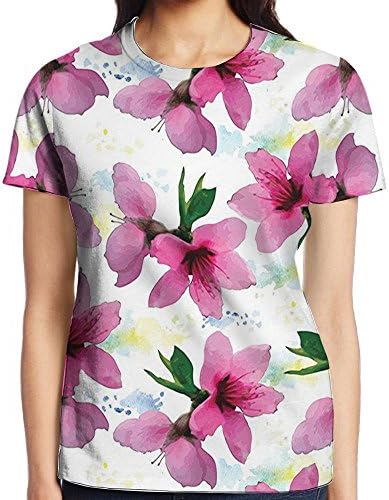 WuLion Vivid Cherry Blossom Sakura Petals Botany Essence Watercolor Artwork Women's 3D Print T Shirt White