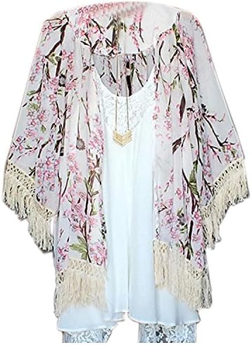 Zekotech Women's Boho Floral Print Chiffon Kimono Loose Cardigan Capes Blouse Crochet Sheer Lace Tops (S)