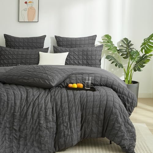 YASMENG Seersucker Bettbezug 240 x 260 cm, grau, kariert, Seersucker, Bettwäsche, weich, atmungsaktiv, Mikrofaser, Bettwäsche für Doppelbett, Erwachsene, mit Reißverschluss mit 2 Kissenbezügen, 65 x