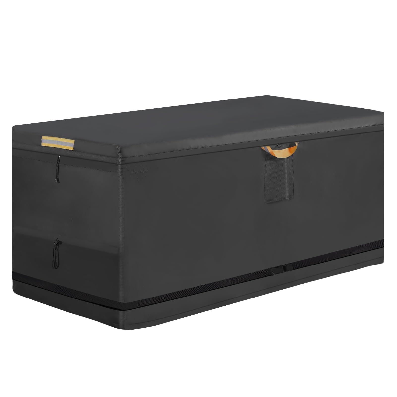 Patio Deck Box Cover with 5.2M Windproof Buckle Strap, Heavy Duty 600D Oxford Outdoor Garden Storage Box Cover with Waterproof Zipper and 2 Reflective Strips, 1 Reflective Handle (63x30x28in)