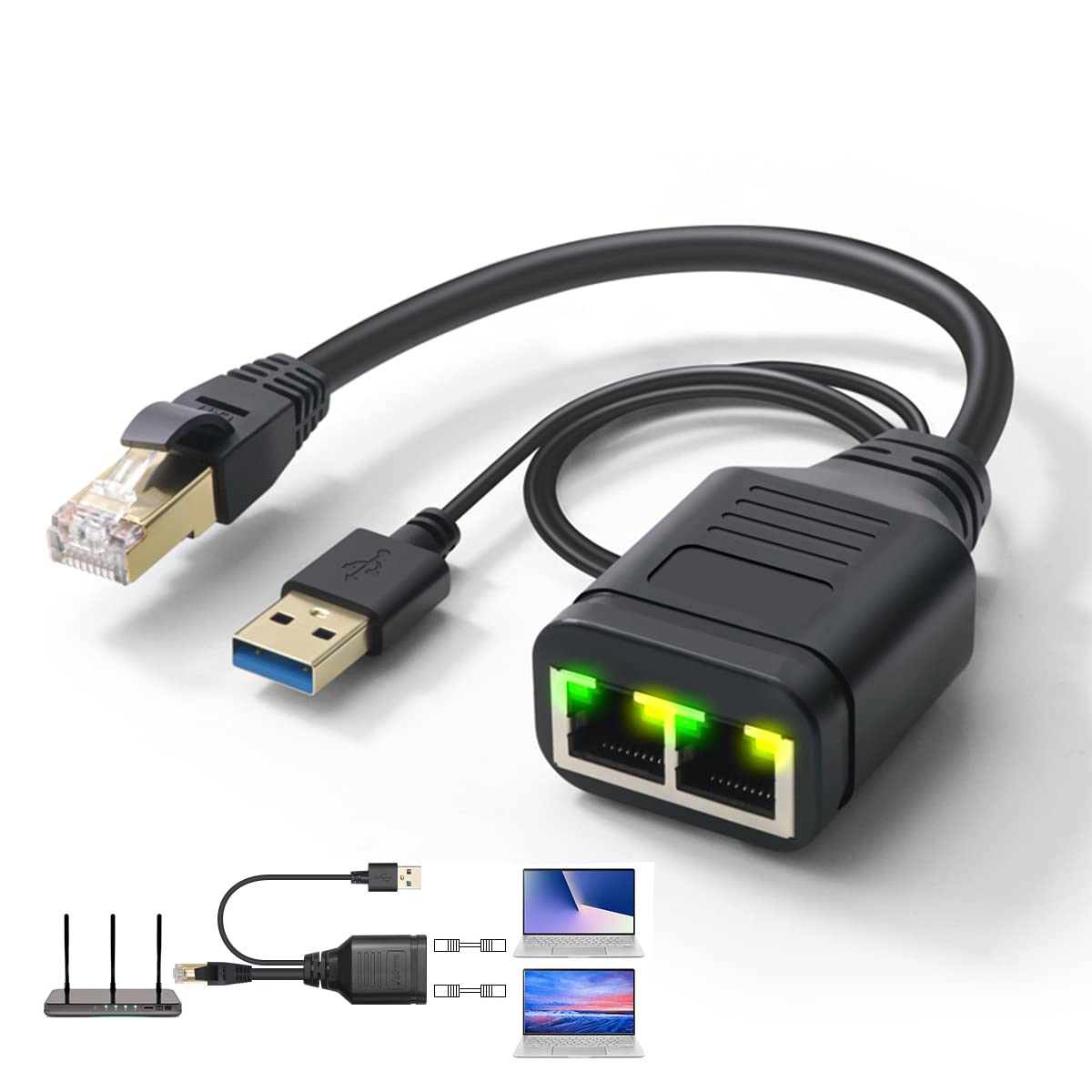 Herfair Ethernet Splitter 1 to 2 High Speed Adapter, Internet Network LAN Cat5 Cat5e Cat6 Cat7 Cat8 Cable Extender Connector for Router, TV Box, Computer, Laptop (Male Female)