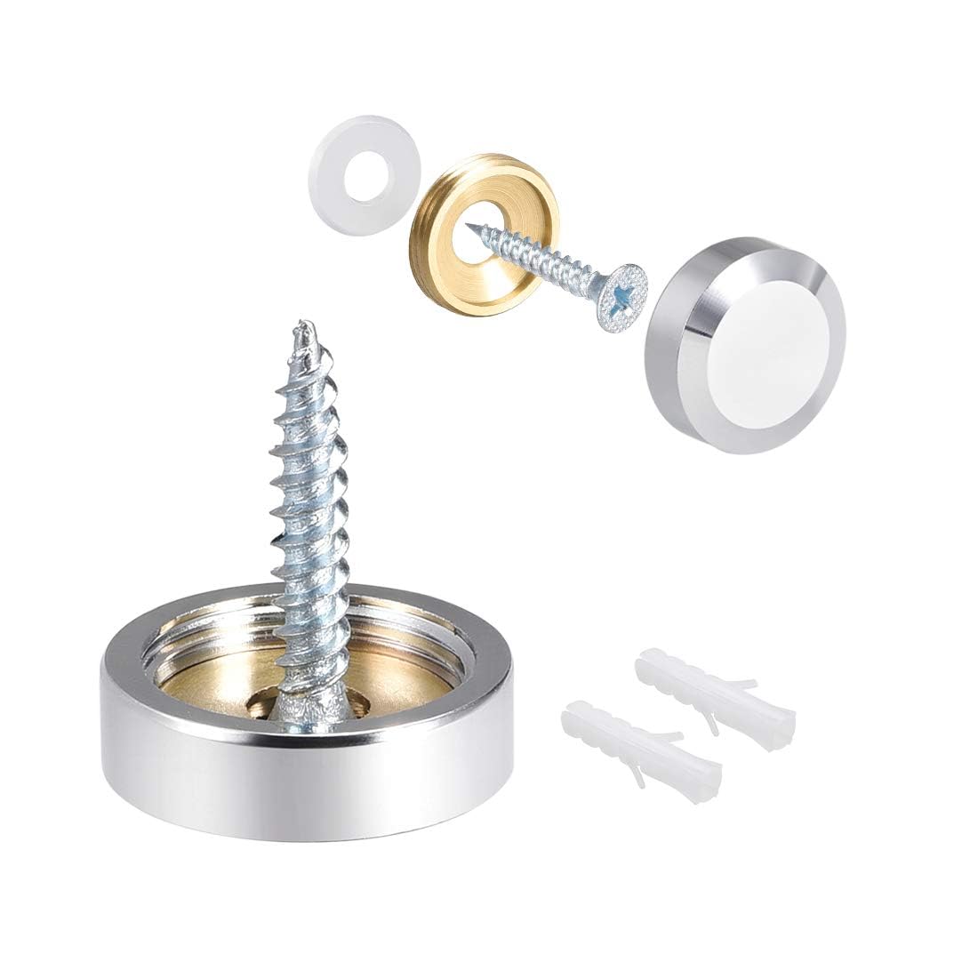 TOP-VIGOR 4Pcs Mirror Screws, 20mm brass Mirror Screws Cap Nail with Washers, Decorative Cap Covers Polished Mirror Nails for Mirrors, Furniture Fittings, Tables, Wardrobes, Glass, Silver with stopper