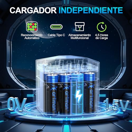 Artman Paquete de 12 Pilas Recargables de Litio AA con Cargador de 12 Ranuras, 3600mWh y 1,5V Baterías de Litio AA para Blink Outdoor Cámara, Pilas Recargables Double A con Más de 2000 Ciclos (Negro)