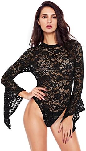 LittleLittleSky Womens Sexy High Neck Semi Sheer Floral Lace Long Bell Sleeve Bodysuit ((US 12-14)L, Black)