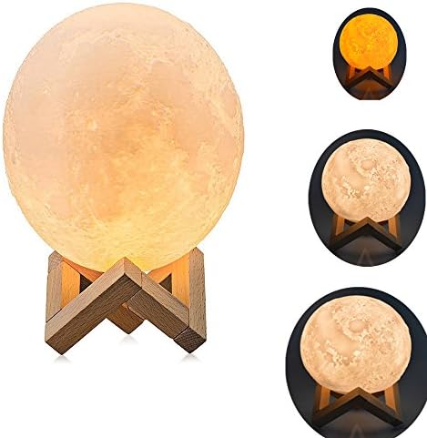 3D Moon Lamp,Newerpoint 4.7 inch 3D Printing Moon Light, Warm and Cool 3 Colors Dimmable Adjustablbe Brightness Touch Sensor Control Baby Night Light LED, Home Decorative Lights with Wooden Stand