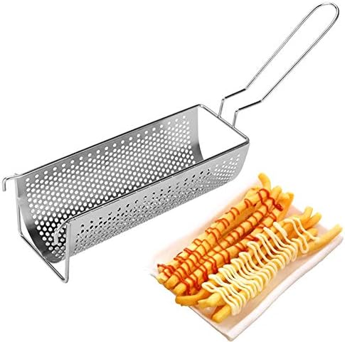 Wellish 304 Stainless Steel Deep Fry Baket Long French Fries Basket with Handle Mesh Strainer Cooking Basket for Oil Fried Food Strainer Potato Chips Frying Container