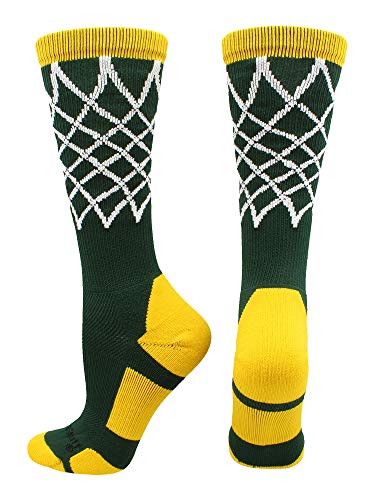 MadSportsStuff Crew Length Elite Basketball Socks with Net (Dark Green/Gold, X-Large)