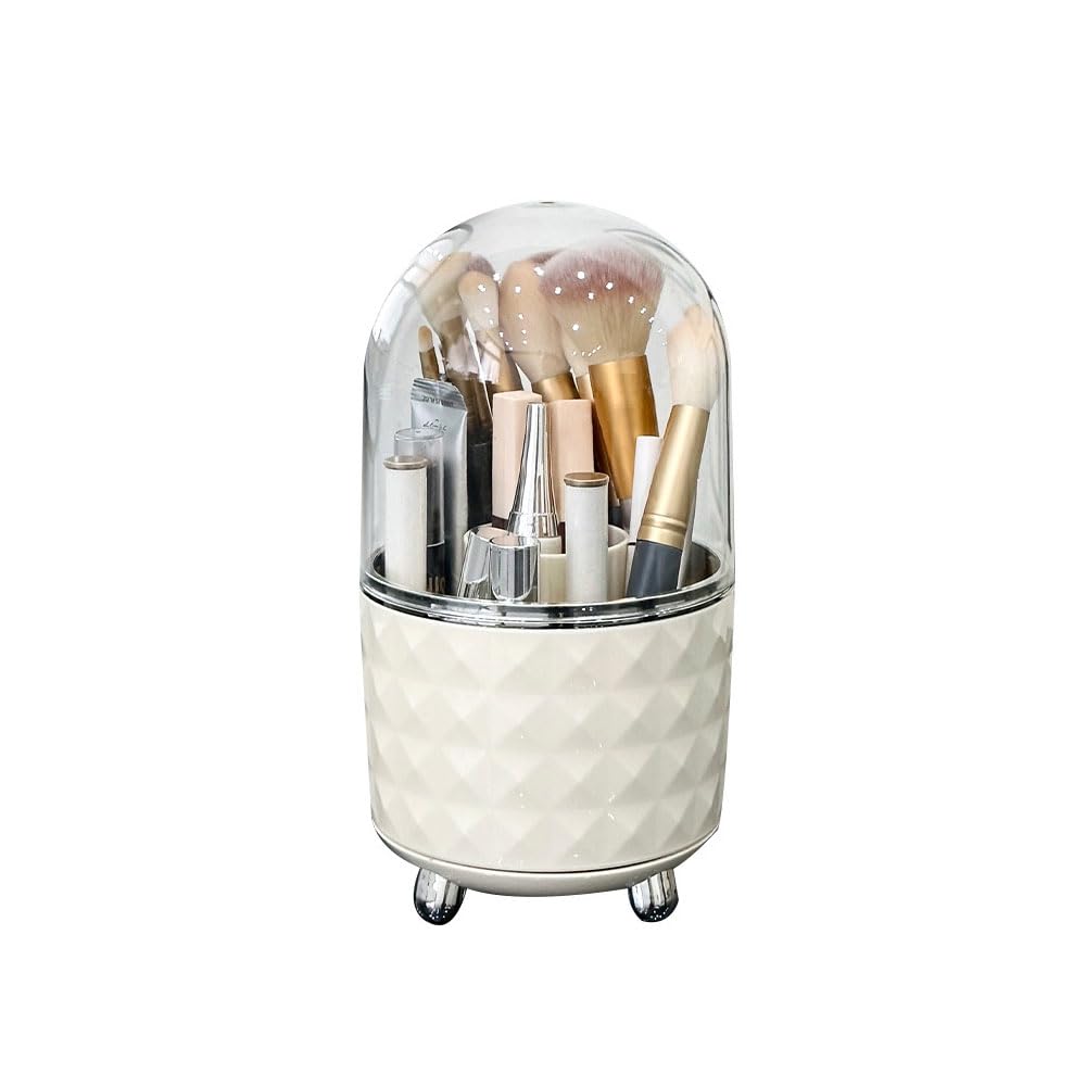 360° Rotating Makeup Brush Holder, Eyeshadow Brush Organiser, Makeup Brush Storage with Lid, Dustproof Cosmetics Case Container, Cosmetics Display Case with 5-Slots for Countertop Vanity Bathroom