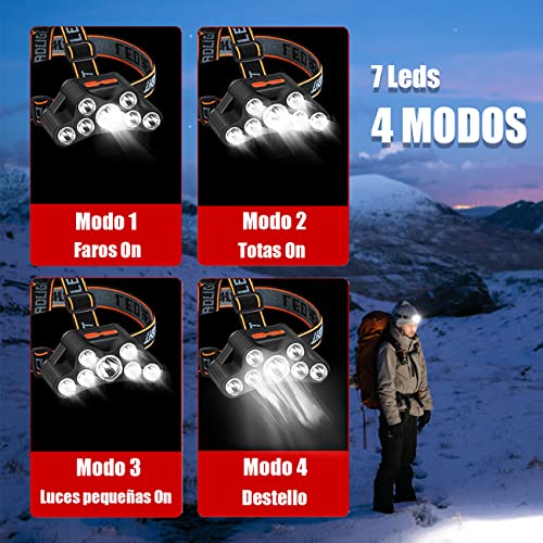DQST Lampara de Cabeza, Linterna Frontal Recargable y Impermeable, 7 LEDs con 4 Modos Commutable, Adecuado para Cámping, Montañismo, Correr, Senderismo, Ciclismo,etc