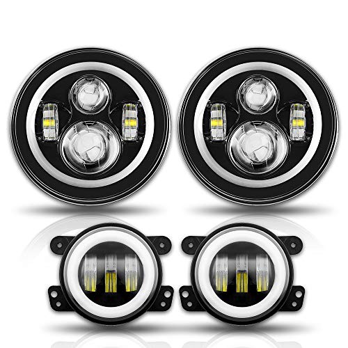 SUNPIE 7 inch Rotating RGBW Halo LED Headlights Bulb+4" Fog Lights
