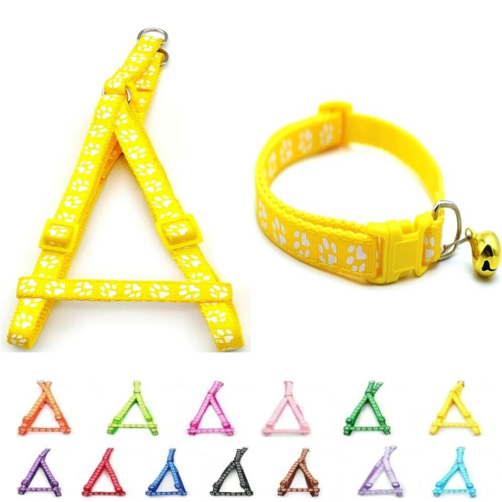 Small Dog Puppy Pet Collar and Harness Set Pawprint Design Nylon Adjustable Neck Size 19-32cm and Chest Size 21-34cm Yellow