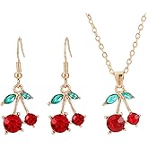 Kysin Chiys Red Crystal Cherry Earring Pendant Necklace Jewelry Set Creative Cute Summer Tropical Fruit Basket Choker Sweet Shining Green Leaf Ruby Red Cherry Hoop Earrings Jewelry for Women