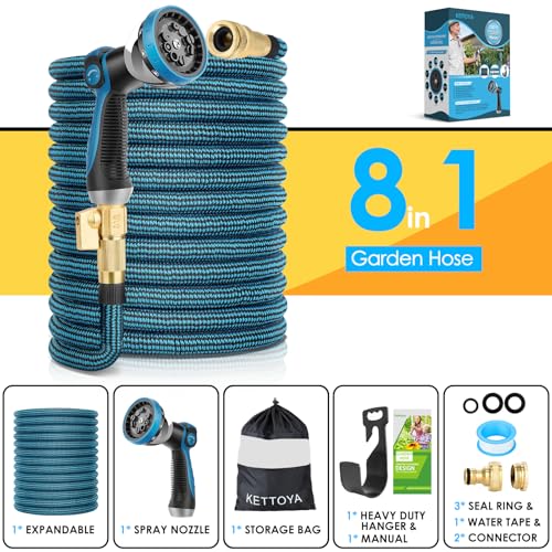KETTOYA 100FT Expandable Garden Hose, Flexible Water Hose with 10-Pattern Spray Nozzle, Leak-Proof Retractable Heavy Duty Hose Pipe, 4-Layer Latex Core, Durable 3750D, Male Valve Connector, Kink-Free