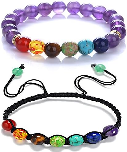 VIKI98 Men Women 8mm 7 Chakra Gemstone Beads Reiki Healing Balancing Yoga Prayer Bracelet (braided+amethyst)