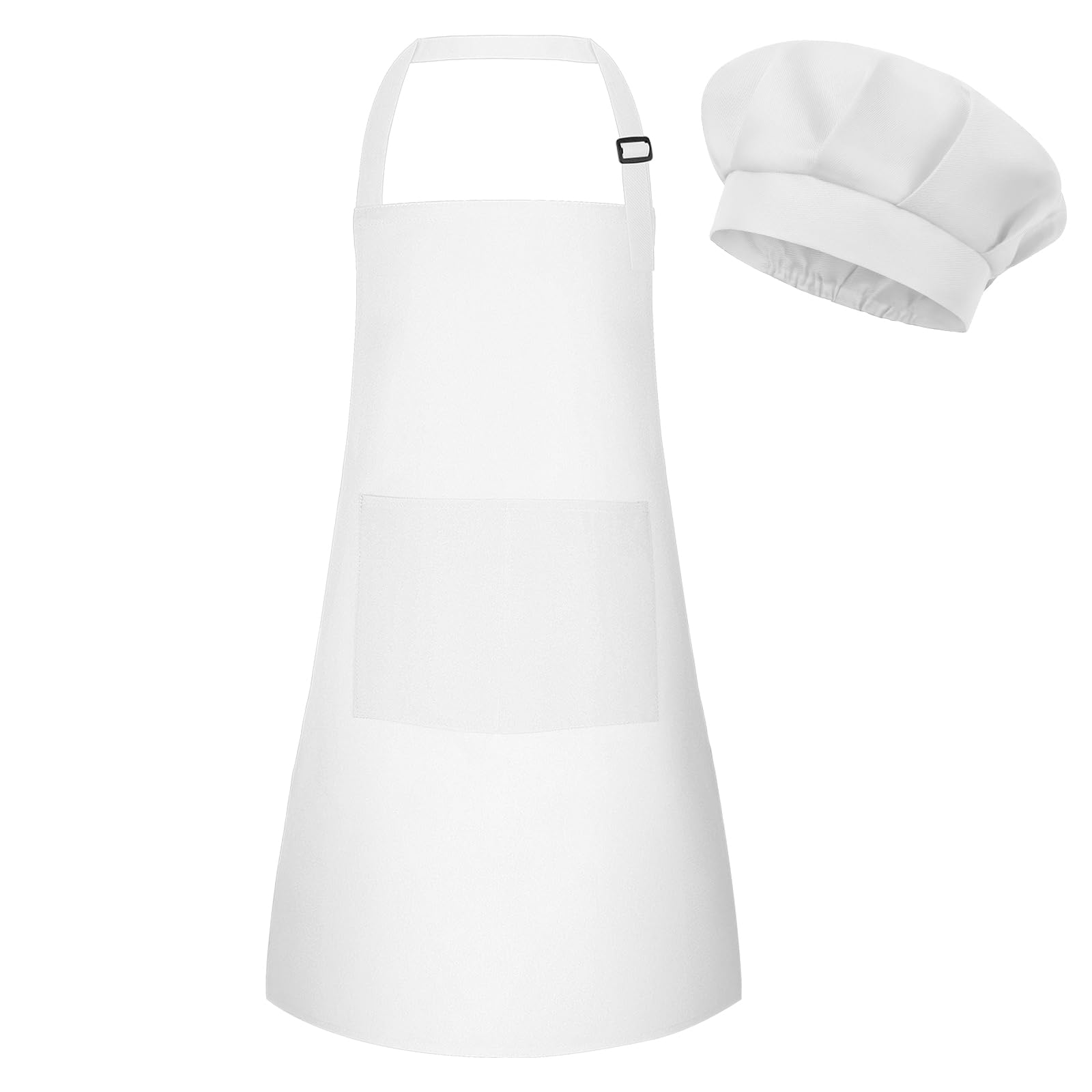 BOUBONI Kids Apron and Chef Hat Set Adjustable Child Art Aprons with 2 Pockets Toddler Chef Hat and Apron for Cooking Baking Painting (White)