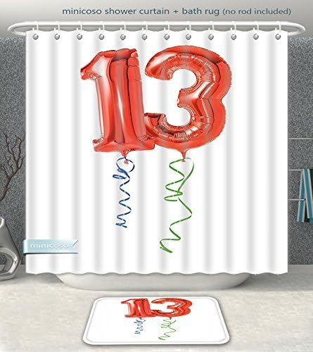 Aireeo Bathroom 2-Piece Suit 13th Birthday Decorations Red Ballons with Swirled Ribbons Number Thirteen Celebration Red Green Blue Shower Curtain And Bath Rug Set, 71" Wx71 H &amp; 31" Wx20 H