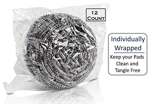Brheez Stainless Steel 3.5" Scouring Pads - Heavy Duty Commercial Individually Wrapped Scrubbing Wool Sponges (Pack of 12)