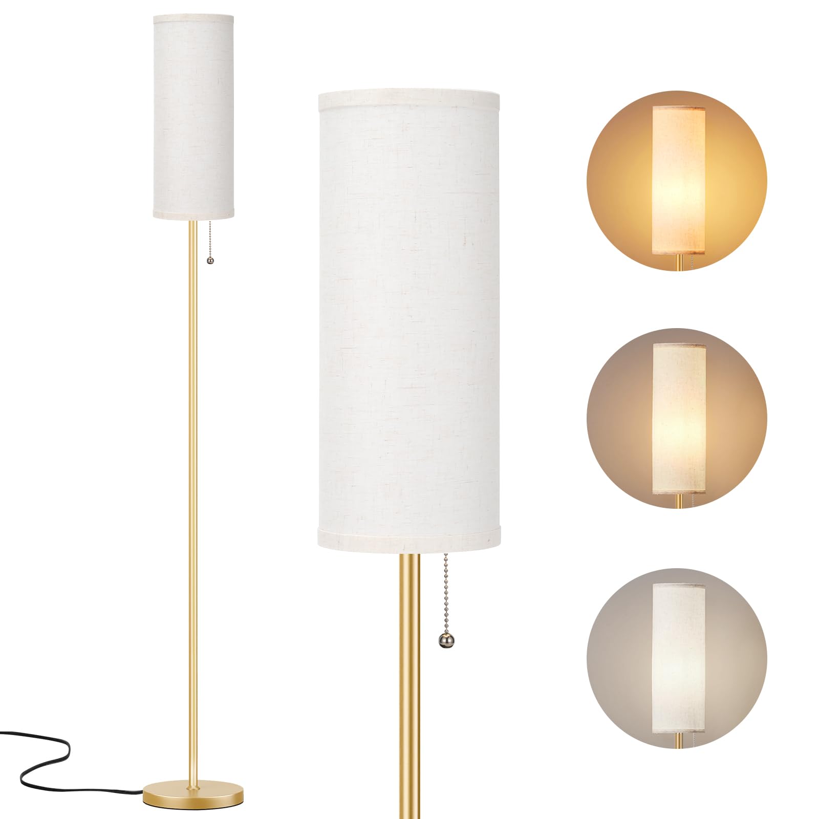 Aooshine Gold Floor Lamp for Living Room with 3 Color Temperatures Bulb, 64" Standing lamp with Linen lampshade for Bedroom, Minimalist Pole Lamp, Beige Shade & Gold Pole(Bulb Included)