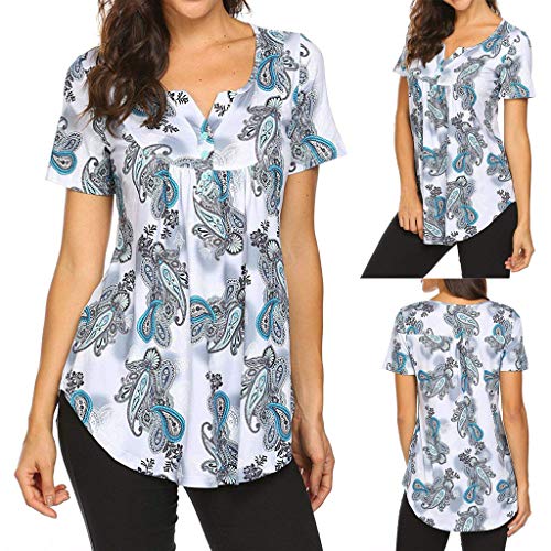 image for Goddessvan Women's Printed Long Sleeve Henley Pleated Tops Casual Flar