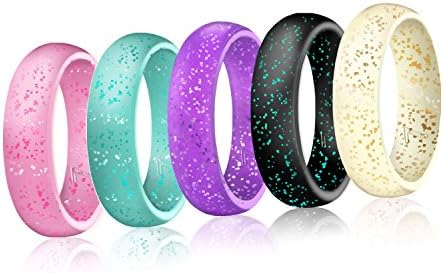Marrimi Silicone Wedding Rings For Women,,Size 4 to 8-5 Rings Pack - Black Glitter、Turquoise Glitter、Pink Glitter、Purple with Silver Glitter、White with Golden Glitter