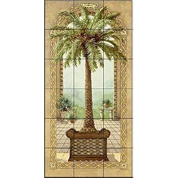 Ceramic Tile Mural - Palm Tree in Basket I- by Janet Kruskamp - Kitchen backsplash/Bathroom Shower