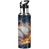 Baseball Vacuum Insulated Water Bottle Stainless Steel Kids Sport Mug with Straw Lid Wide Mouth Leakproof BPA Free for Bike Running Walking Outdoor 20 Oz
