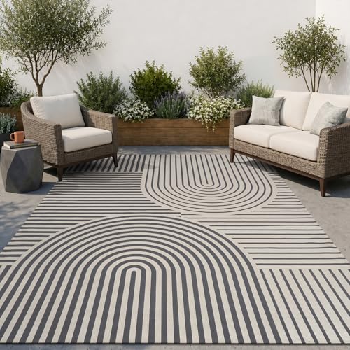 Engiw-Outdoor Rug-Patio Rug 9x12 Textured Weave Machine Washable Quick Dry Outdoor Carpet Braided Boho Non Slip Indoor Outdoor Rug for Deck Porch Balcony Backyard Blackish Grey