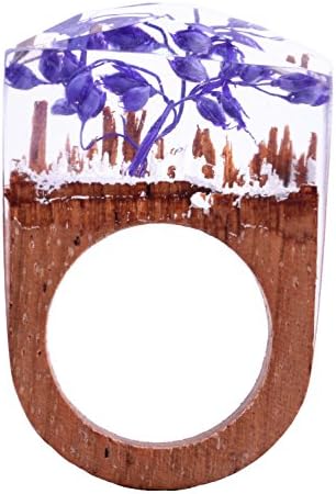 Handmade Wood Resin Rings Secret Pink Rose Flowers Inside Worlds Ring Jewelry for Women (Purple lavender, 9)