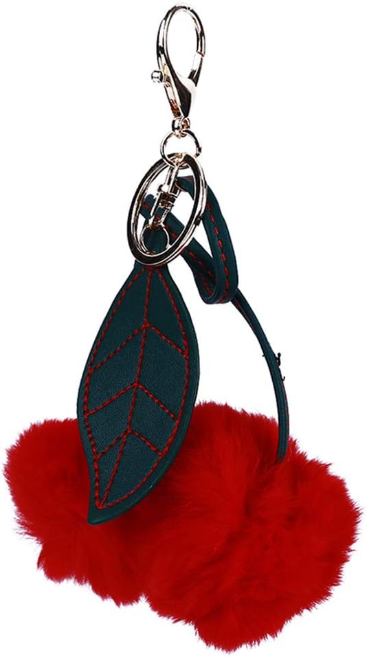 LANWF Cute Cherry Leaves Keychain Pendant Key Ring Pompoms Key Chains Pendant Ornament Accessories for Women,Red