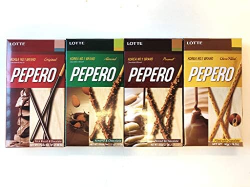 Lotte 4 Flavours Original, Peanut, Almond and Nude Pepero (4 Boxes)