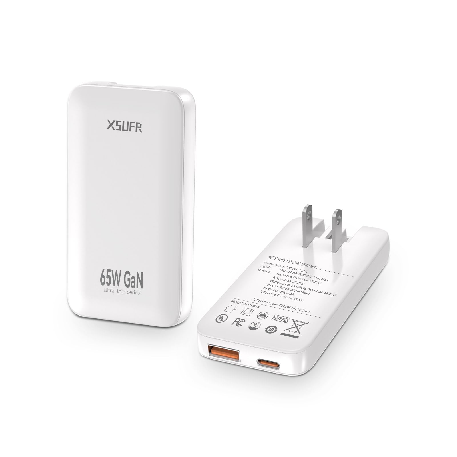 65W Flat USB c Wall Charger,Folding Travel Dual Port USB Wall Charger, for Laptops, Tablets, Phones, Black (White-New)