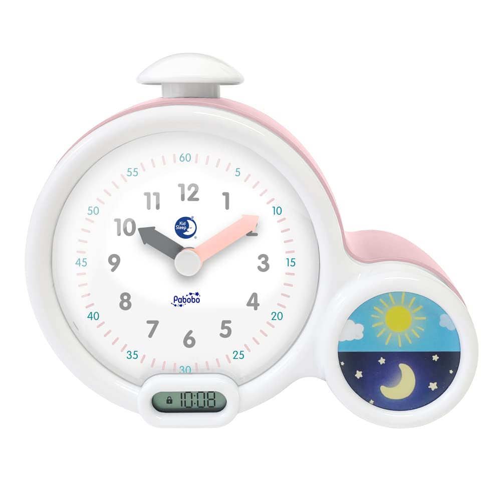 Pabobo x Kid Sleep Educational Child Alarm Clock - Day/Night - Illuminated - Digital Display - 3 Alarms to Choose From - Mixed Girl and Boy - Mains or Batteries - Clock - Pink