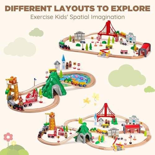 SainSmart Jr. 112-Piece Wooden Train Set for Toddler – Double-Sided Train Tracks, Compatible with Brio, Thomas, Melissa & Doug – Perfect Wood Toy for Boys and Girls