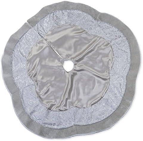 48 inch Shimmer Silver Tone Swirl Plush Fabric Christmas Tree Skirt with White Trim