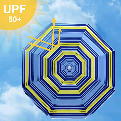 SONGMICS 7 Feet Fiberglass Beach Umbrella, Heavy Duty Outdoor Sports Umbrella, Sun Shade with Tilt Mechanism, Carry Bag - for Beach, Gardens, Balcony and Patio Blue and Yellow Stripes UGPU07UY