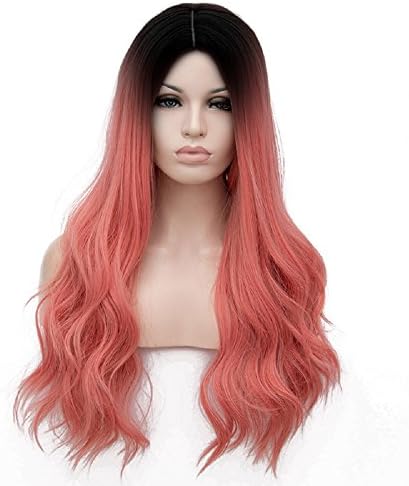 Alacos Black Roots Ombre 70CM Long Curly Wavy Synthetic Christmas Anime Cosplay Daily Costumes Wigs for Women +Wig Cap (Ombre Watermelon Red)