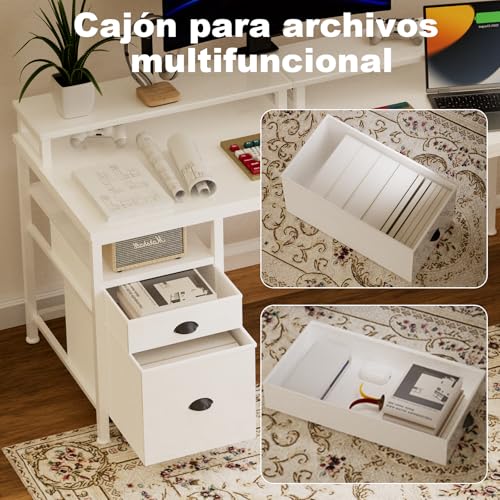 STAR BURN 66" Grande Escritorio en L de con Toma de Corriente,Escritorio Reversible para Computadora con Cajón para Archivos y 2 Soportes para Monitor,Escritorio para Oficina con Estantes Blanco