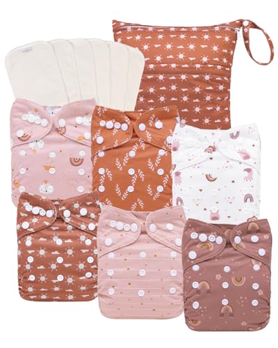 babygoal AWJ Cloth Diapers with Tummy Panel Pack of 13, 6 Diaper Cover with 6 Inserts and Wet Dry Bag, Adjustable Washable Reusable for Baby Girls and Boys