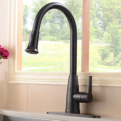 Hotis Commercial Pull Down Prep Sprayer Single Lever Single Handle Pull Down Kitchen Sink Faucet, Lead-Free Oil Rubbed Bronze Kitchen Faucets with Deck Plate