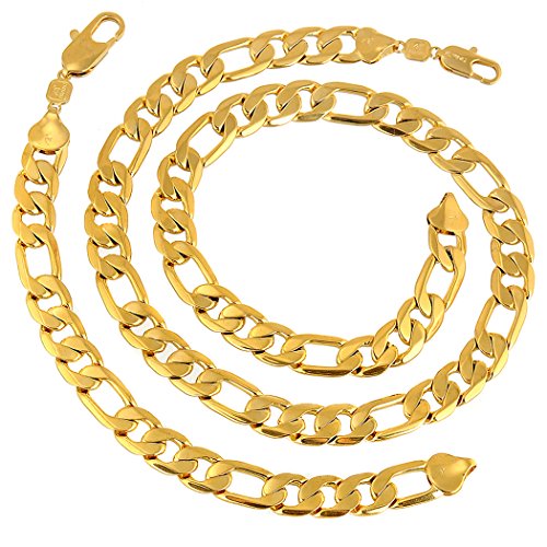 24k Yellow Gold Filled Figaro Chain Men's Necklace+Bracelet Jewelry Set GF Jewelry 12mm Width(24