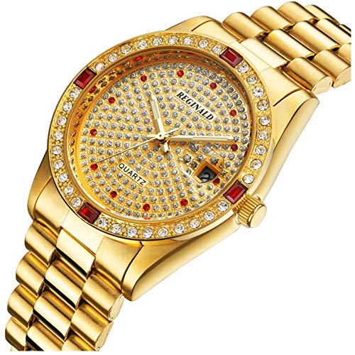 Fanmis Luxury Unisex Gold Crystal Quartz Calendar Gold Tone Stainless Steel Watch